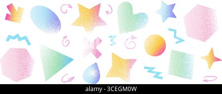 Set mit körnigen Verlaufsformen. Abstrakte Figuren mit Lärm für modernen Hintergrund. Geometrische Vektorsymbole mit farbenfrohem Design. Pfeil, Herz und kreis Stock Vektor