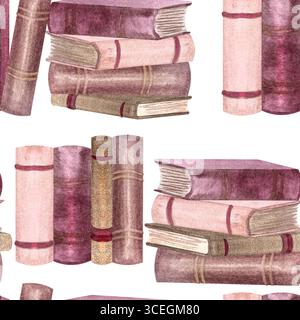 Vintage-Bücher. Nahtloses Aquarellmuster isoliert auf weiß. Handbemalt perfekt für Schreibwaren, Geschenkpapier, Textildrucke und Bibliotheksthemen Stockfoto