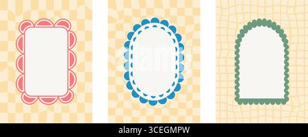 Funky-Retro-Bogen und geometrische Rahmen mit groovigem Schachbretthintergrund. Set aus lustigen Vintage-Farben mit Muschelrand. Textfelder oval, rechtwinklig Stock Vektor