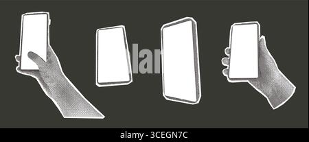 Halbtonhände halten Handys Collage Set. Ausschneiden von Handys Vorlagen Aufkleber für gemischte Medien. Zeitungs-Smartphones mit leeren Bildschirmanzeigen Stock Vektor
