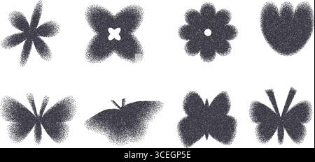 Geometrischer Formsatz für Gradient, Rauschen, Gradient, schwarz. Y2K graue Schmetterlings- und Blumensymbole auf weißem Hintergrund. Blumen- und fliegende Körnerfiguren. Trendig e Stock Vektor