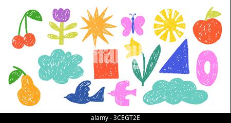 Set von handgezeichneten bunten Holzkohle-Doodle-Formen Stock Vektor