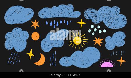 Sammlung handgezeichneter Wolken, Mond, Sonne, Sterne und Regen im Kinderstil mit Buntstift, Kreide oder Pastellfarben. Bunte Doodle-Illustration auf einem Schwarz Stock Vektor