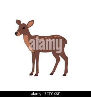 Flache Illustration eines jungen Hirsches mit hellen Flecken auf dem Rücken und sanftem Ausdruck. In Seitenansicht mit einfachen Linien und warmen Brauntönen Stock Vektor