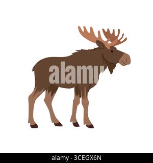 Flache Illustration eines Elchs mit großem Geweih, stehend im Profil. Einfacher Zeichentrickstil mit natürlichen Brauntönen, ideal für Wildtiere, Wald Stock Vektor