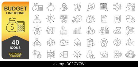Symbolgruppe Budget und Geldposition. Bearbeitbare Konturlinie . Persönliche Budgetfinanzierung - Thin Line - Symbolsammlung. Budget, Spareinlagen, Ausgaben, Einkommen, Darlehen Stock Vektor