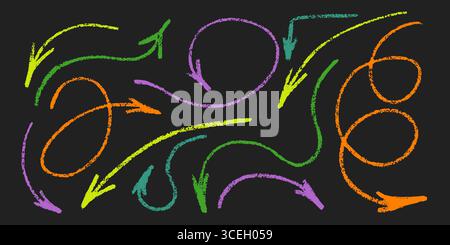 Buntstift Bunte Pfeile Vektor Symbole gesetzt. Handgezeichnete Freihandpfeile, unterschiedlich gekrümmte und wirbelnde Pfeile. Doodle Bleistiftzeichnung, Richtungszeiger. Scribbles Stock Vektor