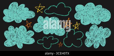 Buntstift farbenfrohe naive Wolken und Sterne Vektor-Symbole gesetzt. Handgezeichnete Freihand-Elemente. Bleistift-Texturzeichnung im Mädchenstil Stock Vektor