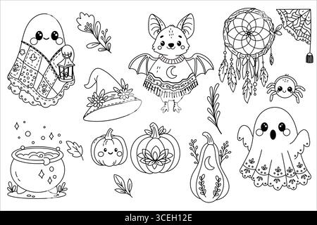 Handgezeichnetes Kawaii Halloween Set im Boho-Stil Geist, Fledermaus, Hexenhut, Kürbisse, Kessel, Spinne und dekorative Kräuter. Perfekt zum Färben. Stock Vektor