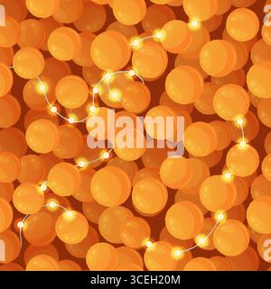 Ein nahtloses Muster mit orangen Mandarinen und leuchtender Girlande, perfekt für Urlaub, Winter oder frohes neues Jahr und frohe Weihnachten. Stock Vektor