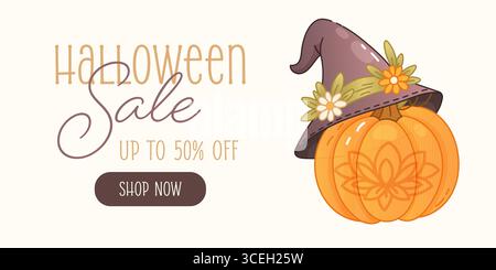 Halloween-Werbebanner mit Kürbis und blumigem Hexenhut. Gemütliche und niedliche Herbstpreisanzeige im Boho-Stil. Stock Vektor