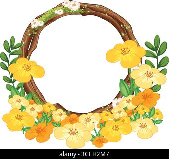 Kreisförmiger Kranz mit gelben Blumen, Zweigen und grünen Blättern Stock Vektor