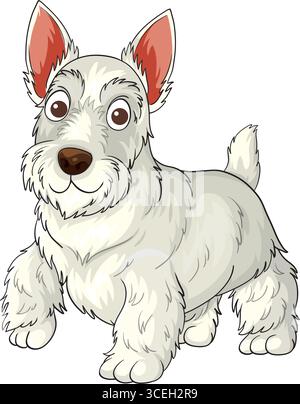 Vektor-Illustration eines weißen schottischen Terrier-Hundes mit ausdrucksstarken Augen, aufrechten Ohren und flauschigem Fell, gezeichnet in einem verspielten Zeichentrickstil Stock Vektor