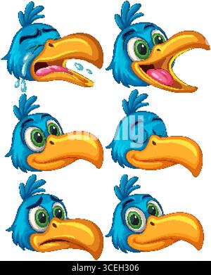 Vektor-Illustration eines blauen Nashornvogels, der sechs verschiedene Gesichtsausdrücke zeigt. Leuchtende Farben und Zeichentrickstil sorgen für emotionale Vielfalt Stock Vektor