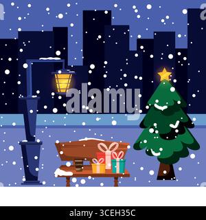 Weihnachten Winter Park Szene mit Geschenken und Schnee – Vektor-Illustration Stock Vektor