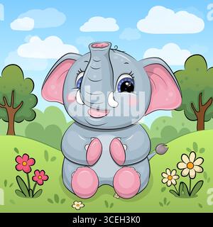 Der süße Cartoon Elefant sitzt im Garten. Vektorillustration eines Tieres mit roten Blumen, grünem Gras und Bäumen. Stock Vektor