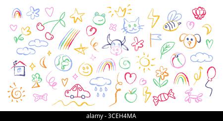 Kinderschulkritzeleien mit bunten Regenbogen und Blumen, Herzen und Sternen, Wolken und Tieren für verspielte Designs. Kindliche Zeichnungen mit Haus und Auto für Unterrichtsdekorationen oder Lehrmaterialien Stock Vektor