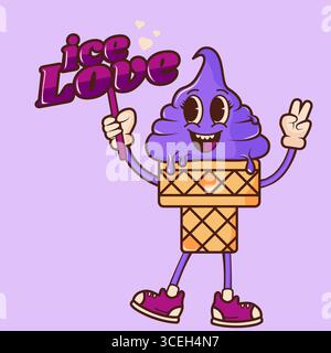 Vintage-Eiscreme mit groovigem Design. Retro-Charakter mit Armen und Beinen. Cartoon Vektor Vektor Illustration Stock Vektor