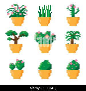 Blumentopf mit Zimmerpflanze, Pflanzen-Pixel-Kunst-Icon, Bonsai-Baum, isolierte Vektor-Illustration. Innenausstattung. Spielelemente. 8-Bit. Strickdesign. Stock Vektor