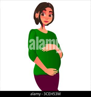 Zeichentrickfilm schwangere Frau flache Vektor-Illustration einer schwangeren Frau in einem grünen Pullover, der ihren Bauch hält. Stock Vektor