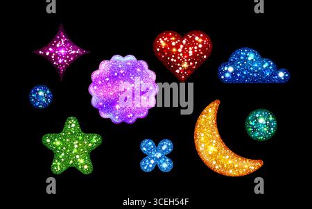 Y2K Glitzeraufkleber mit funkelnden Sternen und Herzen, Mondsichel, Wolken und Blüten in schimmernder Textur. Ästhetische Retro-Ikonen für nostalgische Designs oder digitale Dekorationen Stock Vektor