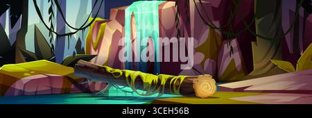 Mystische Waldbrückenszene mit gefallenem Baumstamm, der den Bach unter dem Wasserfall überquert. Moosbedeckter Stamm über einer felsigen Schlucht mit hängenden Ranken und Klippen für Fantasy-Spiele oder Abenteuer-Illustration Stock Vektor