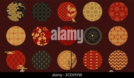 Asiatische Kreis-Ornamente mit goldenen japanischen Mustern – Meereswellen- und Koi-Fische, Kirschblüten und Bambus, Lotusblüten und traditionelle Wellenmotive für orientalische Designelemente. Stock Vektor