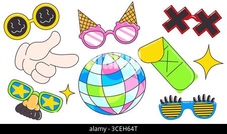 Groovige Disco-Partyelemente - gelbe und grüne Gläser, rosa Eiskegeltöne, schwarze Kreuze, zeigende Hand, bunter Partyball, Sternenfunkeln, Sonnenbrille mit blauem Verschluss für Retro-Tanzspaß. Stock Vektor