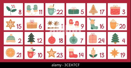 Bunter kindlicher Adventskalender 24 verschiedene Motive Vektor-Illustration Stock Vektor