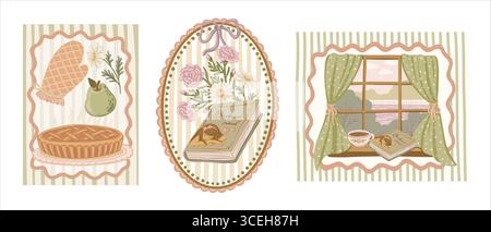 Vintage-Poster-Set mit Küche und Fenster in pastellfarbenem Wellenrahmen. Handgezeichnete Coquette-Illustration mit gestreiftem Hintergrund. Toll für Stock Vektor