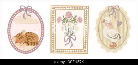 Vintage-Set mit süßer Gans und Kätzchen in pastellfarbenem Wellenrahmen. Handgezeichnete Coquette Cartoon Illustration mit rosa Schleife und Blume. Toll für Stock Vektor