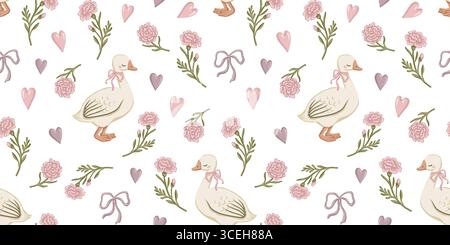 Süßes, nahtloses Gänsemuster mit Blumenmuster, Schleife und Herz. Coquette-Design mit Nelkenblume. Pastellfarbener Hintergrund für Textilien und Tapeten. Außerdem Stock Vektor