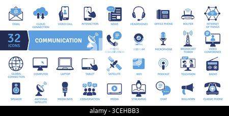 Kommunikationssymbole: Digitale und traditionelle Medien wie E-Mail und Online-Anrufe Stock Vektor