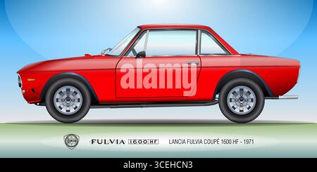 Lancia Modell Fulvia Coupe 1600 HF, 1971, Oldtimer und Oldtimer, Silhouette umrissen, farbige Vektorillustration Stock Vektor