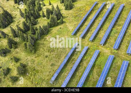 Aus der Vogelperspektive in der alpinen Sonne, eingebettet in grüne Felder und dunkelgrüne Nadelwälder, Lachtal, Steiermark, Österreich. Stockfoto