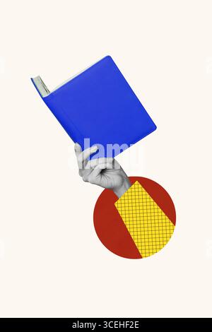 Trend Artwork Vorlage Design 3D Collage Skizze Copyspace Studium Ausbildung Studentenbibliothek Hand halten offen Buch Geschichte Informationen Stockfoto