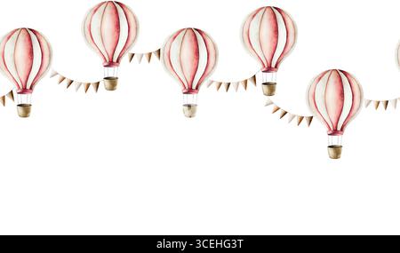 Luftballon mit Korb und Girlande aus braunen und beigen Fahnen. Aquarell handgezeichnet nahtloser Rand des Aerostate, isoliert auf Hintergrund, transparenter PNG Stockfoto