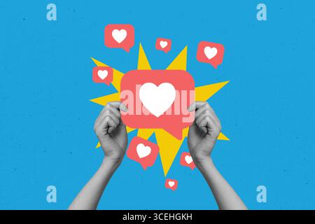 Bild 3d trendige kreative Collage menschlicher Hand wie Reaktion Benachrichtigung beliebte Blogger Feedback abonnieren Textbox Medien Stockfoto