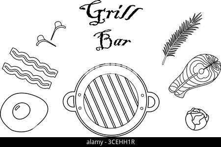Gebratenes Egg Bacon Strip Greens und Lachssteak Rosenkohl und Rosmarinzweig und Grillpfanne Set. Isolierte Umrisse Vektor-Illustration Grill Essen Verwandte Inhalte Rezept Menü Karte, Preis Tag, Faltblatt Stock Vektor