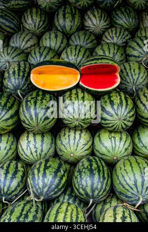 CAN Tho, Vietnam: Nahaufnahme eines Haufen roter Wassermelonen und gelber Wassermelonen, auch bekannt als Kokosananas, das Fruchtsymbol des Sommers Stockfoto