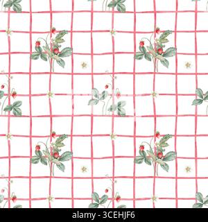 Nahtloses Muster mit Aquarellillustration von wilden Erdbeeren mit weißen Blüten. Handgemalter Druck mit Waldbeeren mit Blättern Stockfoto