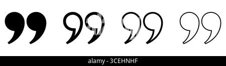 Satz von Symbolen in schwarzen Anführungszeichen in verschiedenen Stilen. Anführungszeichen isoliert auf weißem Hintergrund. Vektorabbildungen. Stock Vektor
