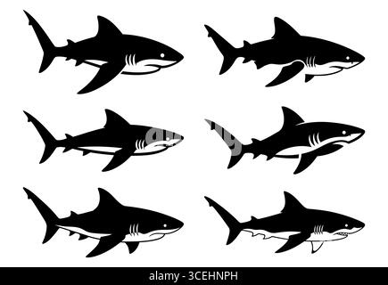Symbole für Schwarze Haie. Schwarze Haifischsilhouetten isoliert auf weißem Hintergrund. Vektorabbildung. Stock Vektor