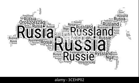 Schwarz-weiß-Wortwolke in Gestalt Russlands. Einfache typografische Darstellung des Landes. Schwarze Wolke aus Russland auf weißem Hintergrund. Stock Vektor