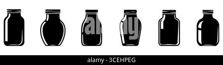 Set aus schwarzen Silhouetten von Glasflaschen oder Gläsern in verschiedenen Formen. Vektorabbildung. Stock Vektor