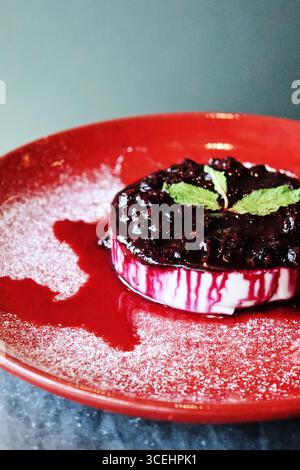 Elegantes Dessert auf einem roten Teller mit cremiger Panna Cotta, einer reichhaltigen Beerensauce, garniert mit frischen Minzblättern. Stockfoto