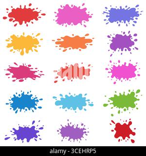 Satz farbiger Symbole für Farbspritzer, isoliert auf weißem Hintergrund. Vektorabbildungen. Stock Vektor