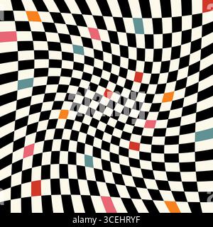 Hypnotischer geometrischer Hintergrund mit Schachbrettmuster. Schwarz-weiße Quadrate mit Farbakzenten, die einen auffälligen optischen Illusionseffekt erzeugen, modernes G Stock Vektor