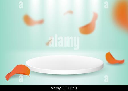 Abstrakte Vektorszene mit geometrischen Formen und fliegenden Herbstblättern. Zylindrisches Podium auf blauem Hintergrund mit roten Blättern. Produktpräsentation Stock Vektor