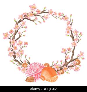 Sakura Kirschbaum Kranz mit chinesischen Münzen, rosa Chrysanthemen Blumenköpfen und Mandarinen. Chinesisches Neujahrsclipart. Handgezeichnete Illustrationen für g Stockfoto